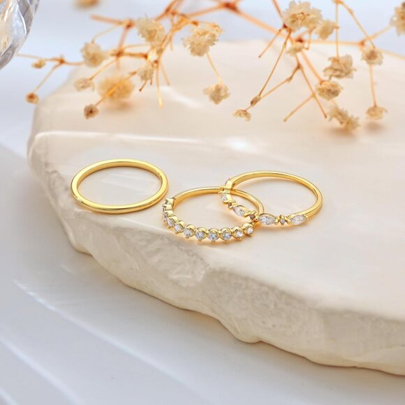 Dainty 3Pcs Stackable Thin Ring Non Tarnish - Trendy 14K Gold Plated CZ Rings Se - Picture 8 of 9